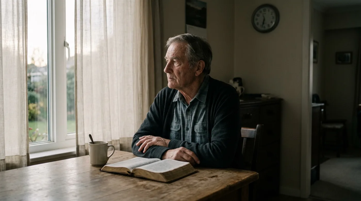 An older man sitting alone at his kitchen table at dawn, an open Bible in front of him, looking out of the window
